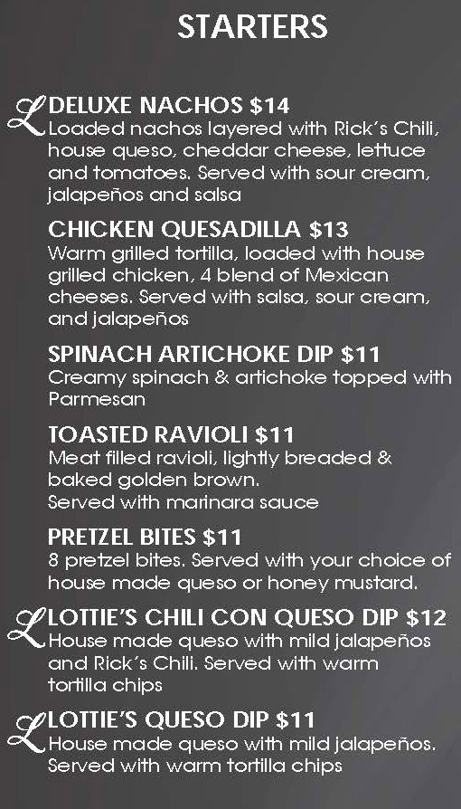 Starters Menu at Lottie's Cafe, Collinsville's Hidden Gem